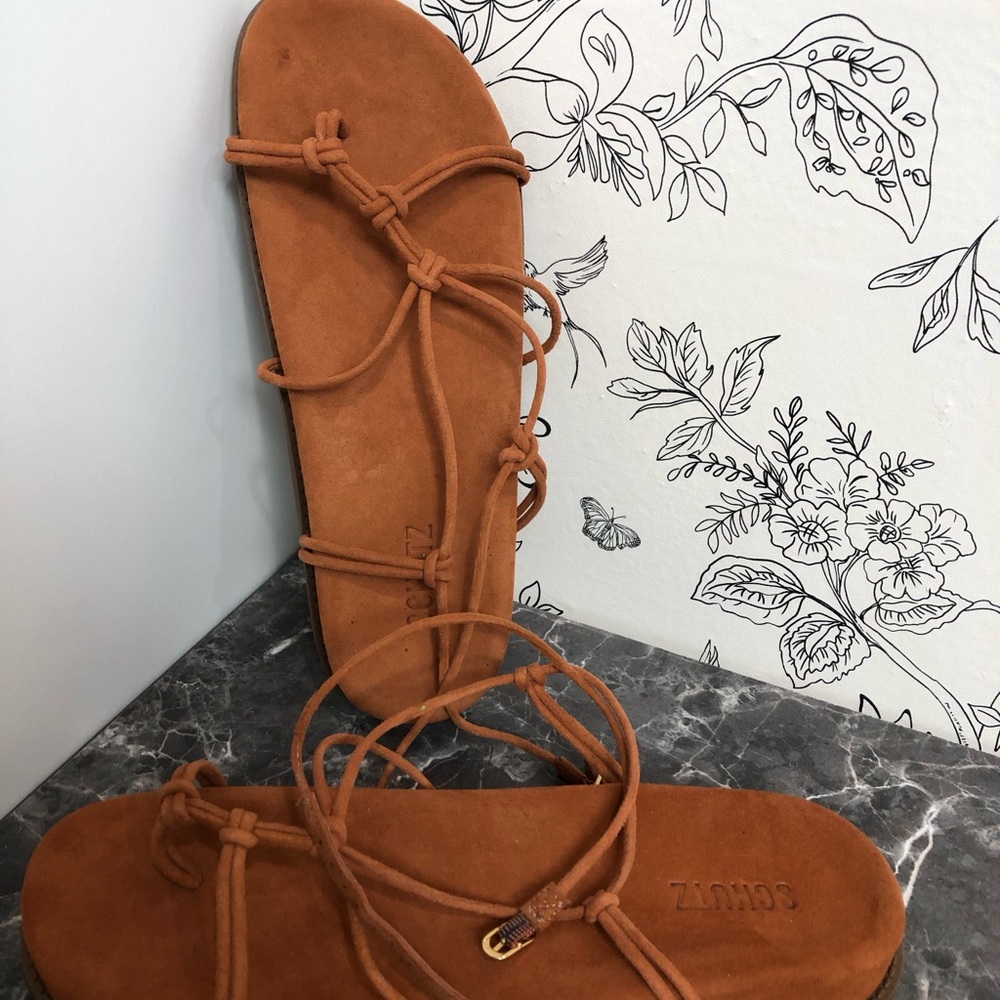 SCHUTZ Rust Suede Lace-Up Flat Sandals